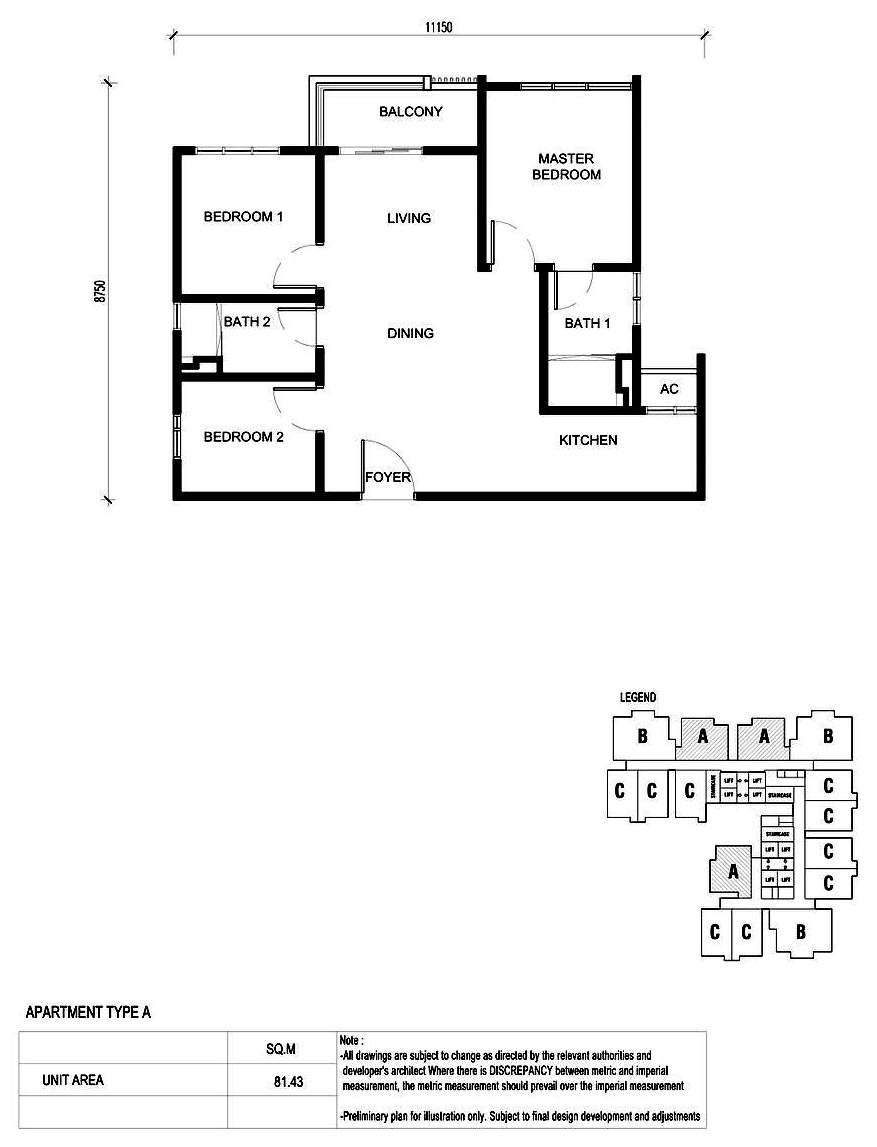 Type A floor plan, 877 sq ft