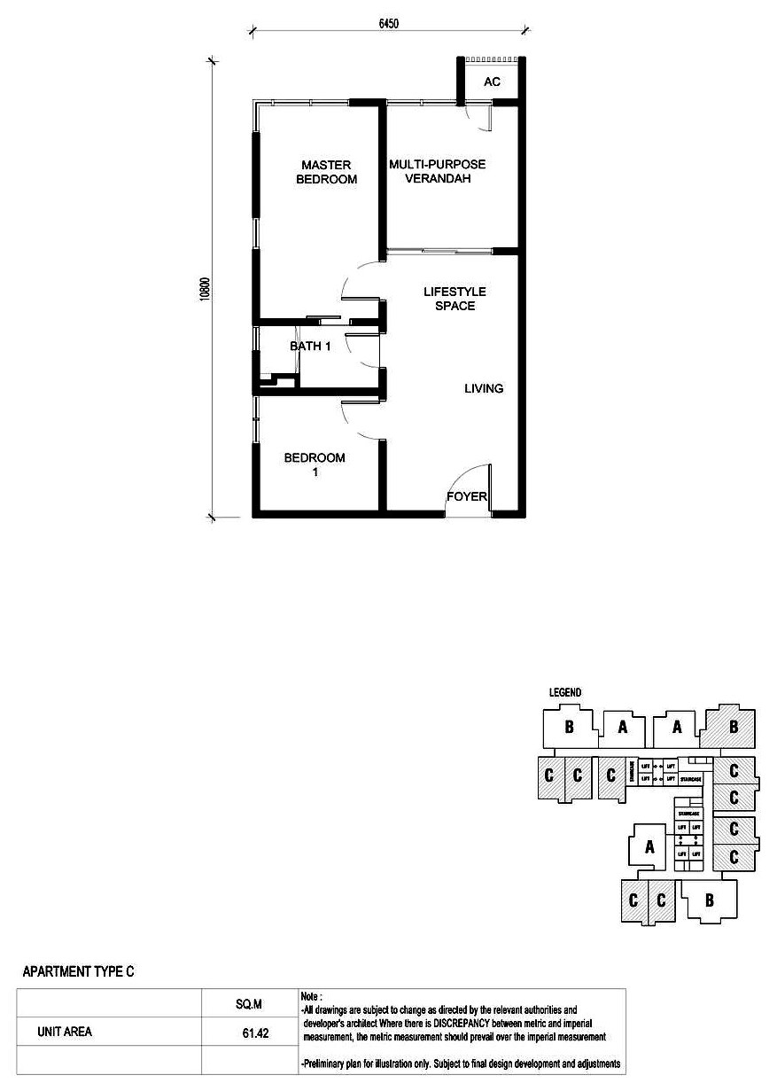 Type C floor plan, 661 sq ft